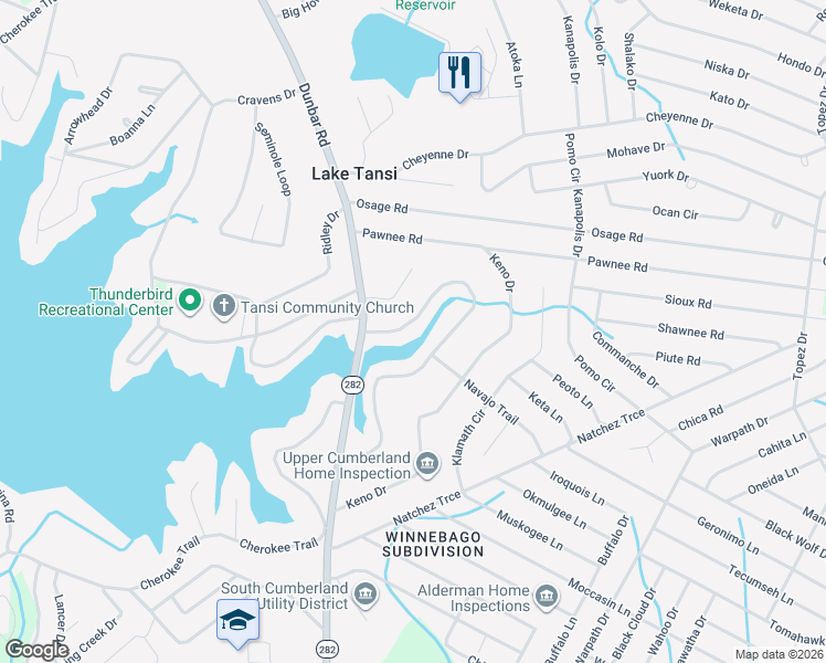 map of restaurants, bars, coffee shops, grocery stores, and more near 1518 Cherokee Road East in Crossville