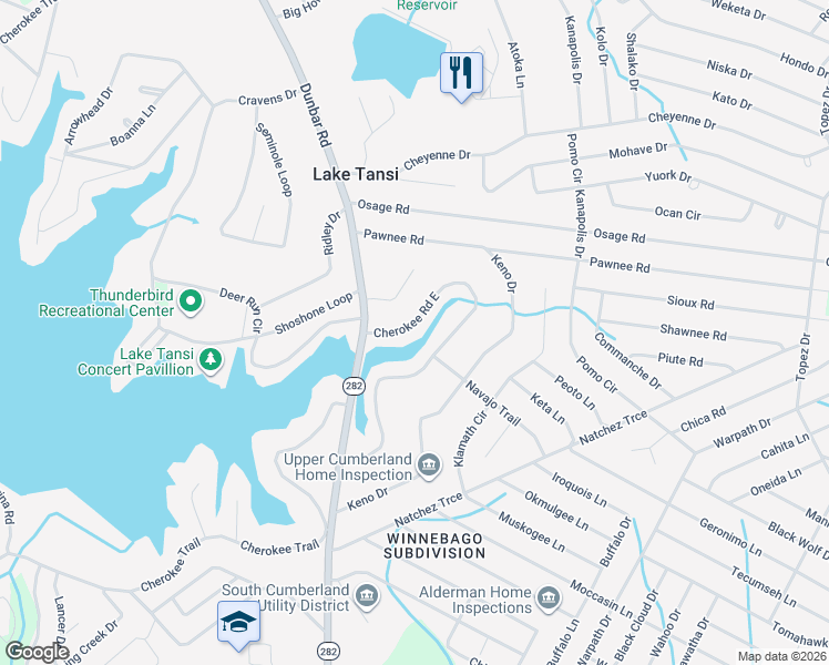 map of restaurants, bars, coffee shops, grocery stores, and more near 1514 Cherokee Road East in Crossville