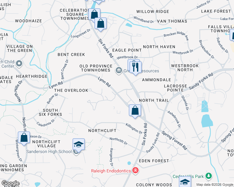 map of restaurants, bars, coffee shops, grocery stores, and more near Lynn Rd & Acacia Dr in Raleigh