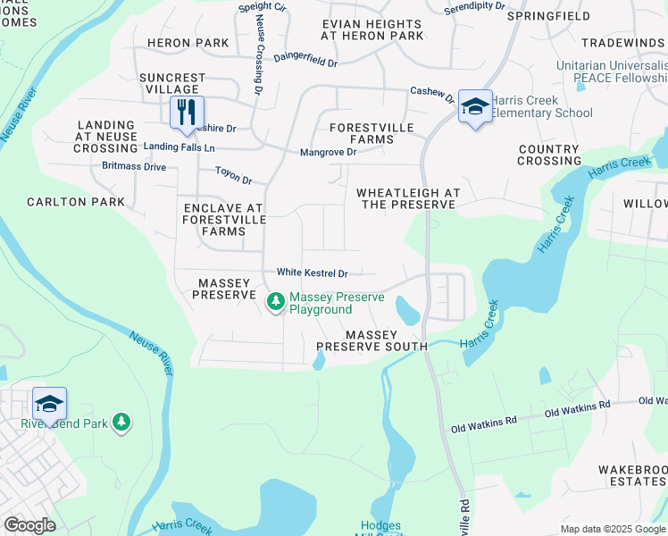 map of restaurants, bars, coffee shops, grocery stores, and more near 4131 White Kestrel Drive in Raleigh