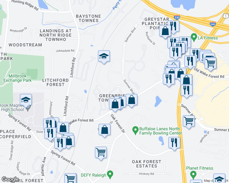 map of restaurants, bars, coffee shops, grocery stores, and more near 2917 Berkeley Springs Place in Raleigh