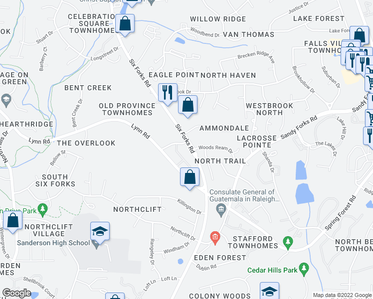 map of restaurants, bars, coffee shops, grocery stores, and more near 6350 Terra Verde Drive in Raleigh