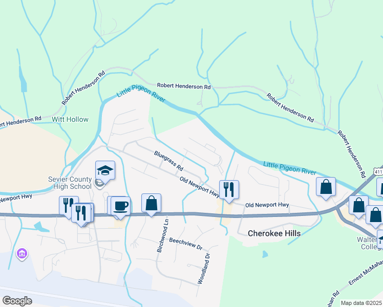map of restaurants, bars, coffee shops, grocery stores, and more near 202 River Valley Circle in Sevierville
