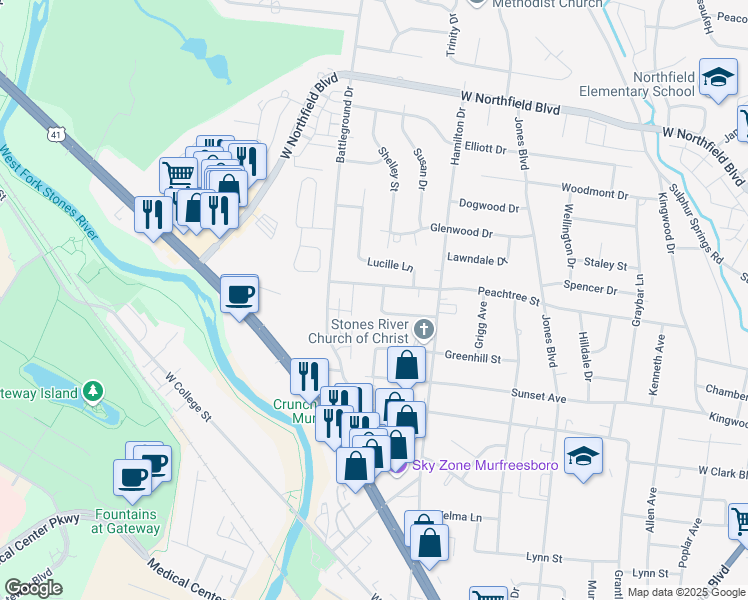 map of restaurants, bars, coffee shops, grocery stores, and more near 1623 Shelley Street in Murfreesboro