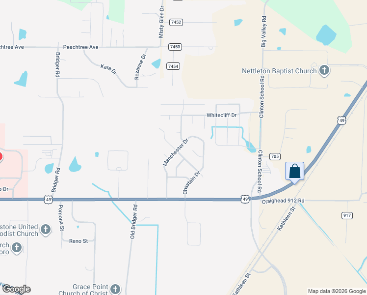 map of restaurants, bars, coffee shops, grocery stores, and more near 2204 Manchester Drive in Jonesboro