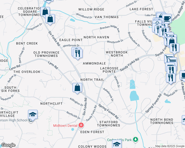 map of restaurants, bars, coffee shops, grocery stores, and more near 220 Woods Ream Drive in Raleigh