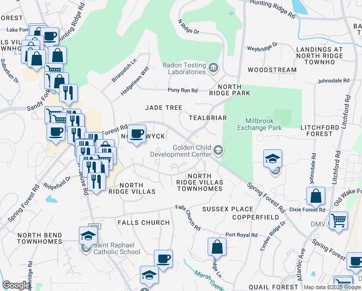 map of restaurants, bars, coffee shops, grocery stores, and more near 6425 Meadow View Drive in Raleigh