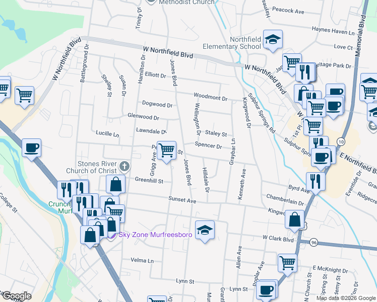 map of restaurants, bars, coffee shops, grocery stores, and more near 1702 Jones Boulevard in Murfreesboro