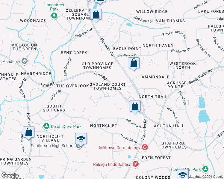 map of restaurants, bars, coffee shops, grocery stores, and more near 317 Shelly River Drive in Raleigh