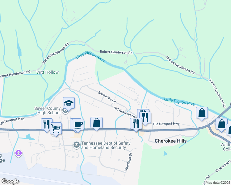 map of restaurants, bars, coffee shops, grocery stores, and more near 202 River Valley Circle in Sevierville