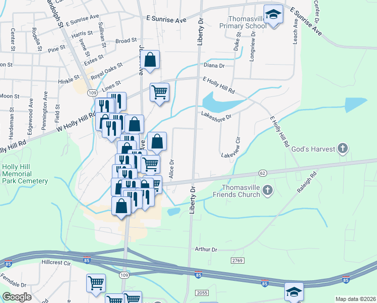 map of restaurants, bars, coffee shops, grocery stores, and more near 910 Liberty Drive in Thomasville