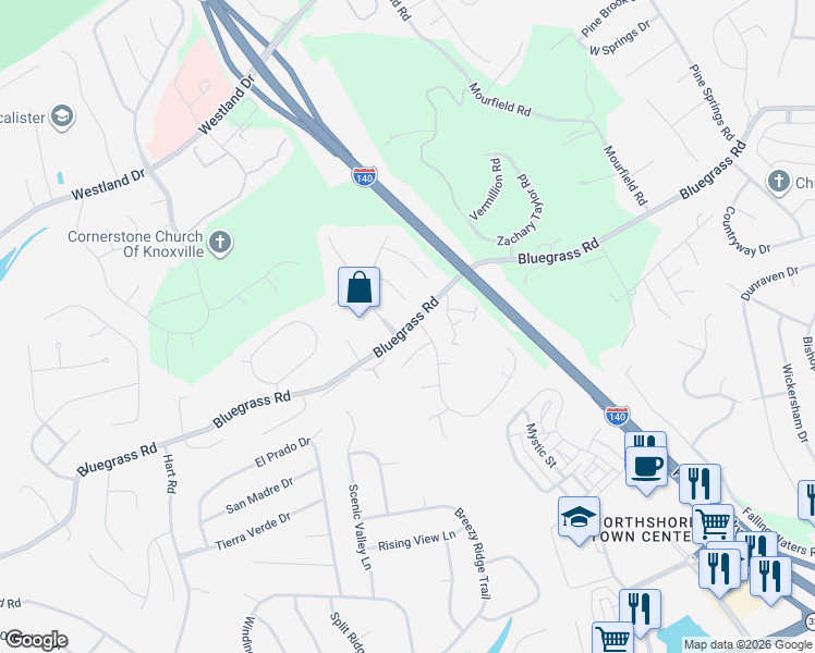 map of restaurants, bars, coffee shops, grocery stores, and more near 9717 Bluegrass Road in Knoxville
