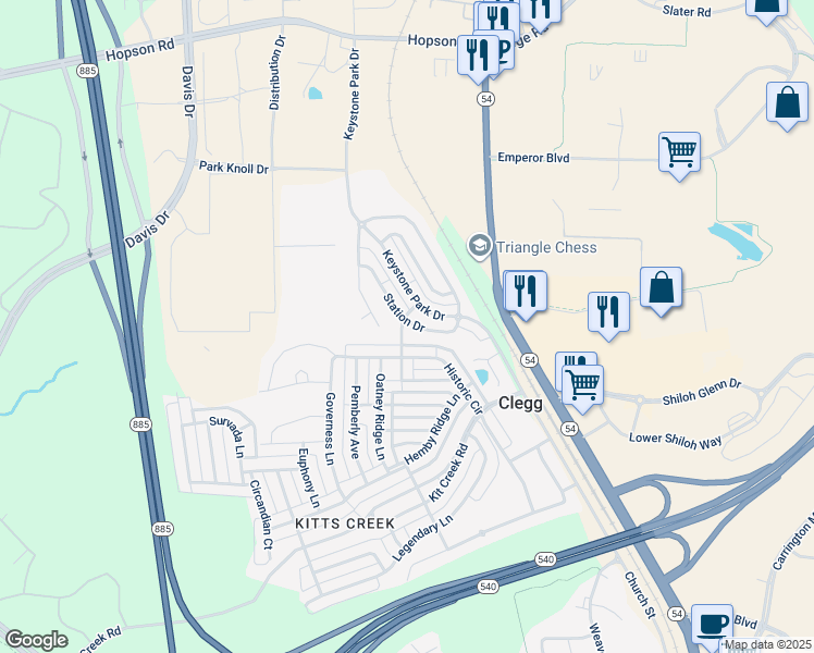 map of restaurants, bars, coffee shops, grocery stores, and more near 201 Roundhouse Lane in Morrisville