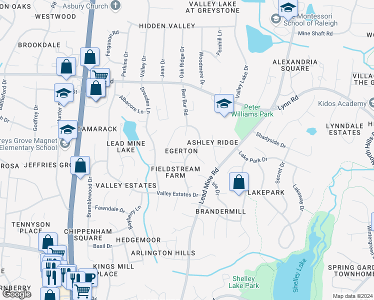 map of restaurants, bars, coffee shops, grocery stores, and more near 6345 Wynbrook Way in Raleigh