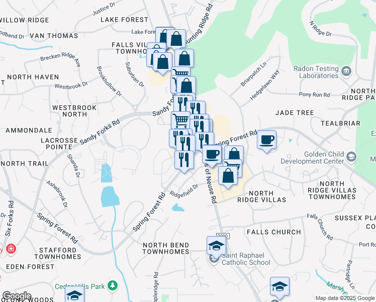 map of restaurants, bars, coffee shops, grocery stores, and more near 913 Spring Forest Road in Raleigh