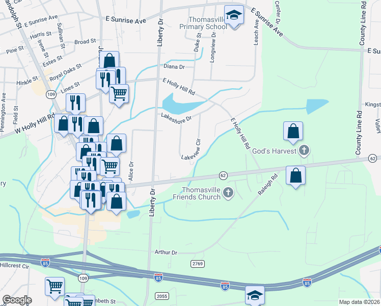map of restaurants, bars, coffee shops, grocery stores, and more near 117 Lakeview Circle in Thomasville