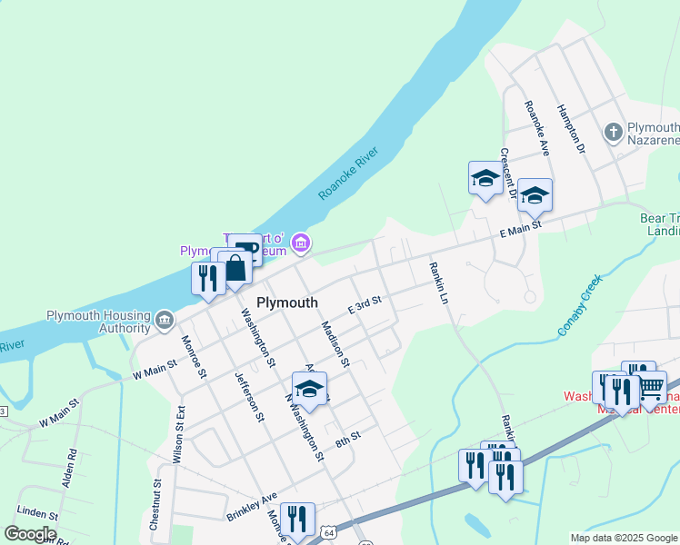 map of restaurants, bars, coffee shops, grocery stores, and more near 312 East Main Street in Plymouth