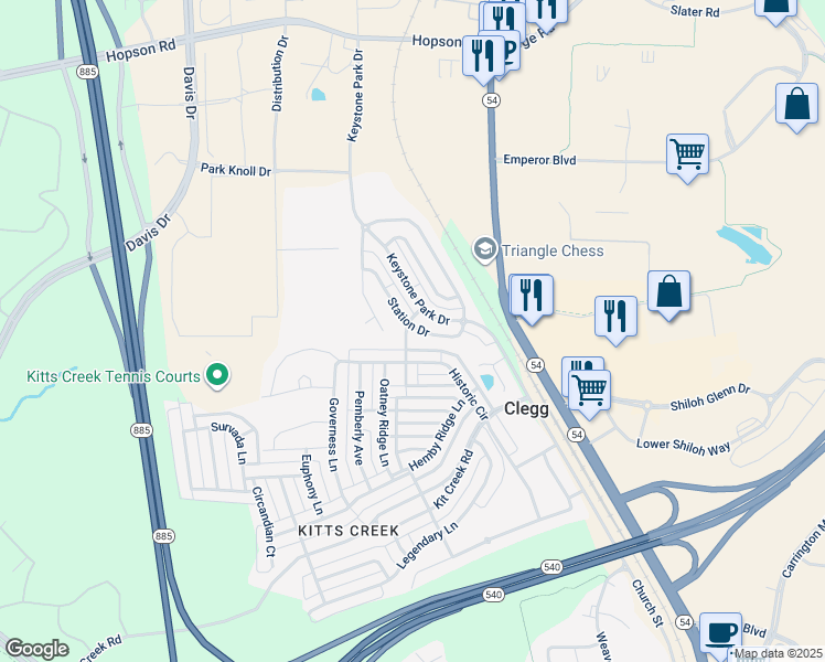 map of restaurants, bars, coffee shops, grocery stores, and more near 201 Roundhouse Lane in Morrisville