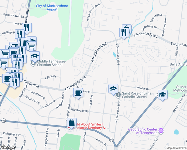 map of restaurants, bars, coffee shops, grocery stores, and more near 780 East Northfield Boulevard in Murfreesboro