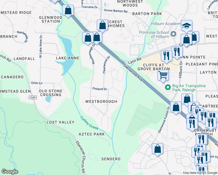 map of restaurants, bars, coffee shops, grocery stores, and more near 7908 Finland Drive in Raleigh