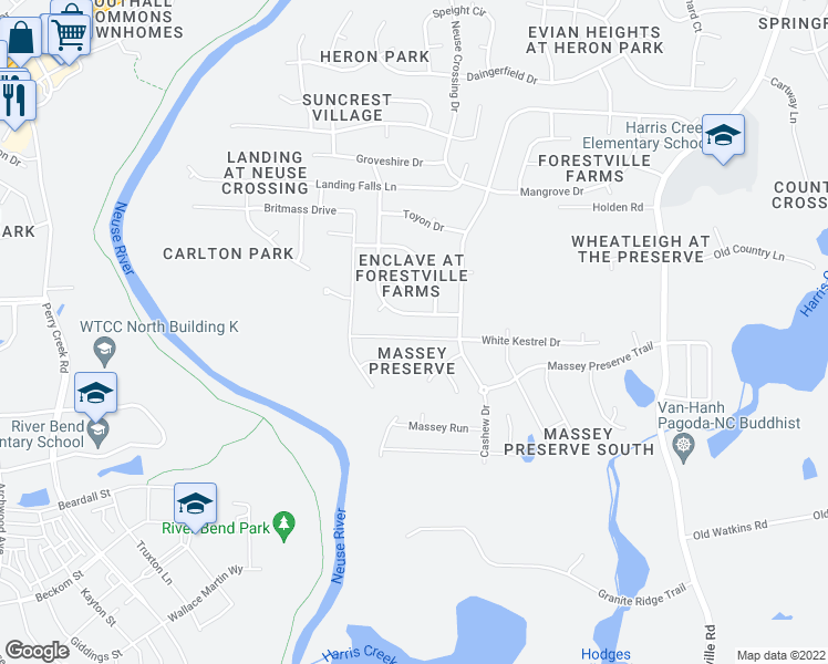 map of restaurants, bars, coffee shops, grocery stores, and more near 3949 White Kestrel Drive in Raleigh
