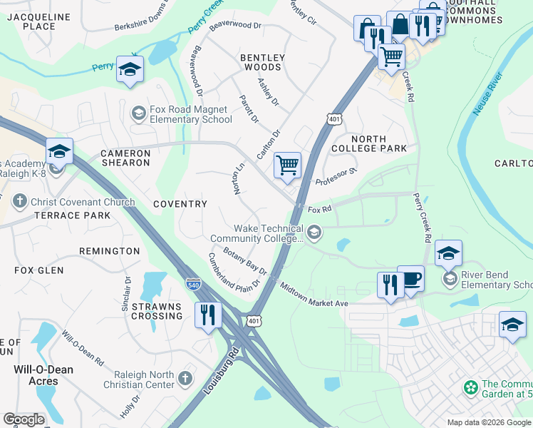 map of restaurants, bars, coffee shops, grocery stores, and more near 5504 Pear Orchard Circle in Raleigh