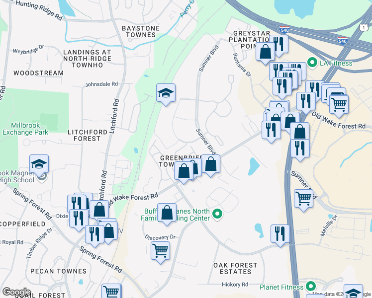 map of restaurants, bars, coffee shops, grocery stores, and more near 2911 Berkeley Springs Place in Raleigh