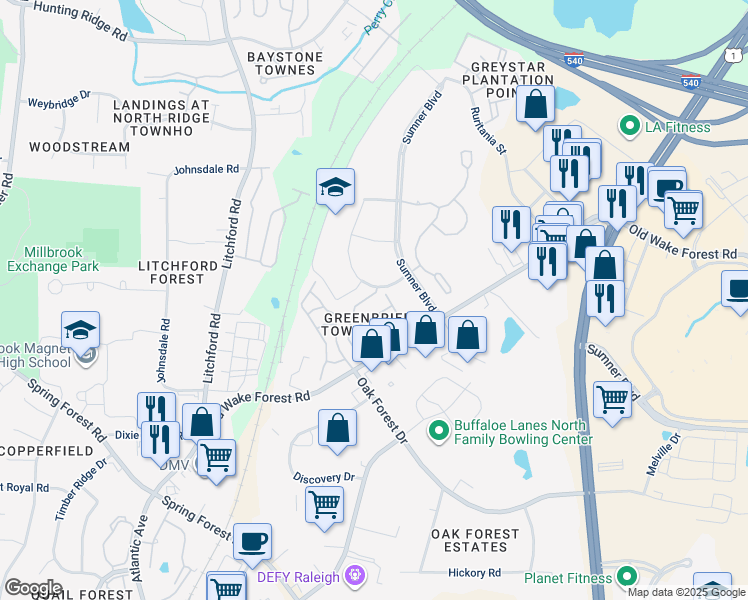 map of restaurants, bars, coffee shops, grocery stores, and more near 2911 Berkeley Springs Place in Raleigh