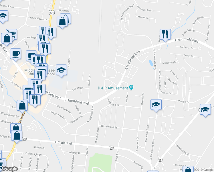 map of restaurants, bars, coffee shops, grocery stores, and more near 603 East Northfield Boulevard in Murfreesboro
