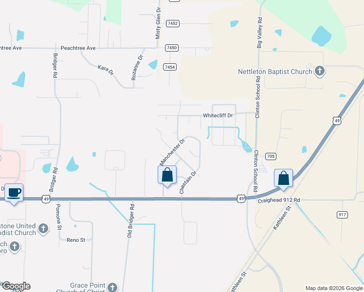 map of restaurants, bars, coffee shops, grocery stores, and more near 5902 Chastain Cove in Jonesboro