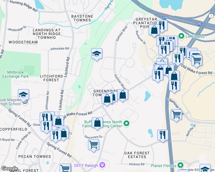 map of restaurants, bars, coffee shops, grocery stores, and more near 2911 Berkeley Springs Place in Raleigh