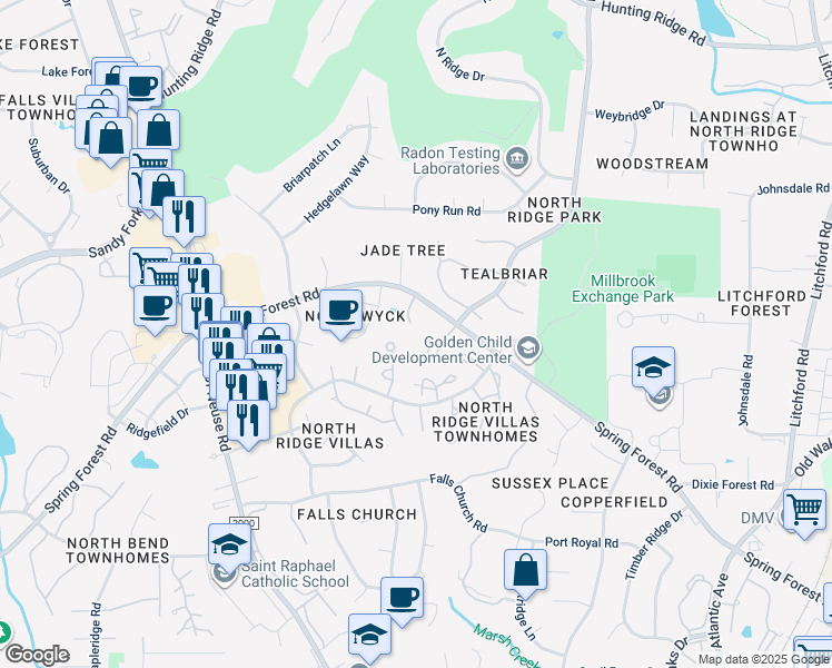 map of restaurants, bars, coffee shops, grocery stores, and more near 6402 Andsley Drive in Raleigh