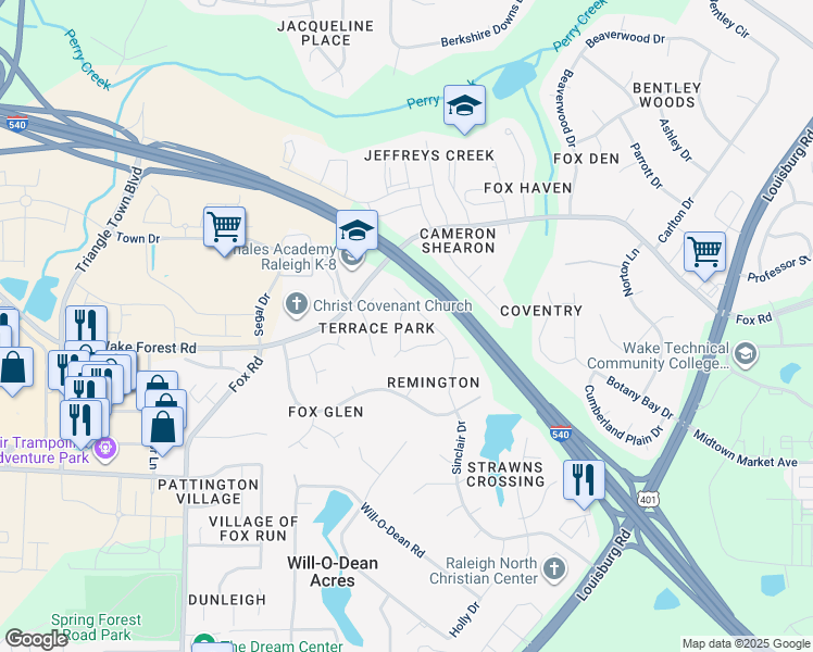 map of restaurants, bars, coffee shops, grocery stores, and more near 6215 Stadler Drive in Raleigh