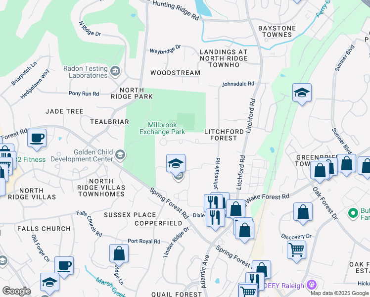 map of restaurants, bars, coffee shops, grocery stores, and more near 2348 Ravenhill Drive in Raleigh