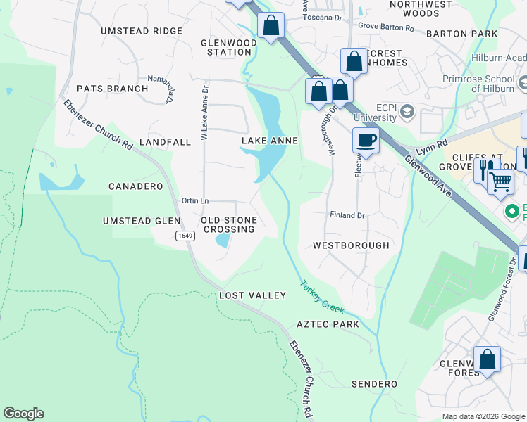 map of restaurants, bars, coffee shops, grocery stores, and more near 8116 Ortin Lane in Raleigh