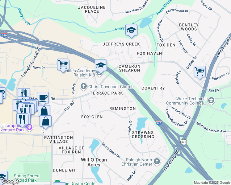 map of restaurants, bars, coffee shops, grocery stores, and more near 6215 Stadler Drive in Raleigh