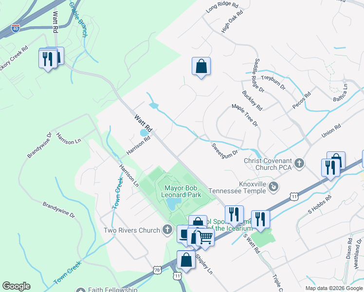 map of restaurants, bars, coffee shops, grocery stores, and more near 13027 Sedgefield Road in Knoxville