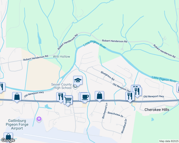 map of restaurants, bars, coffee shops, grocery stores, and more near 1266 Old Newport Highway in Sevierville