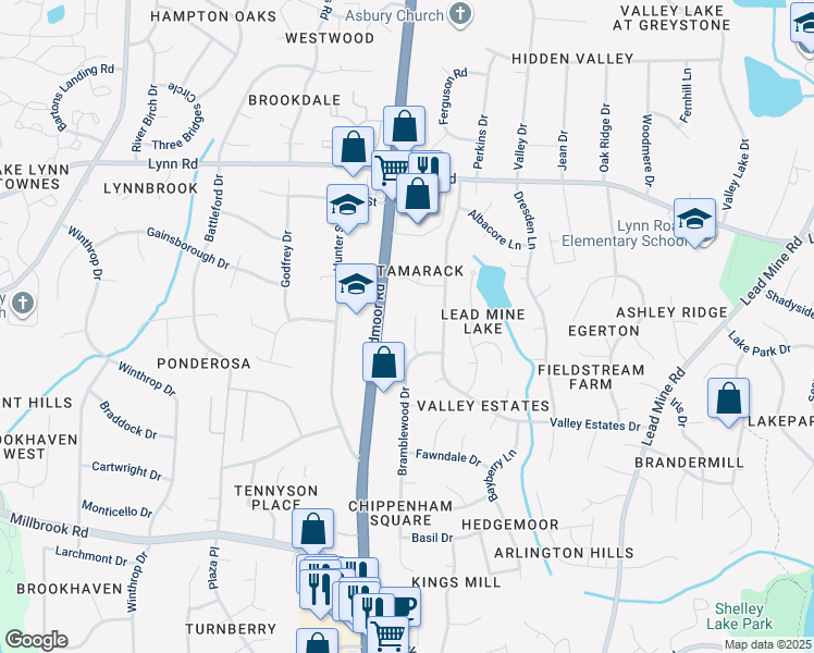 map of restaurants, bars, coffee shops, grocery stores, and more near 6313 Ansley Lane in Raleigh