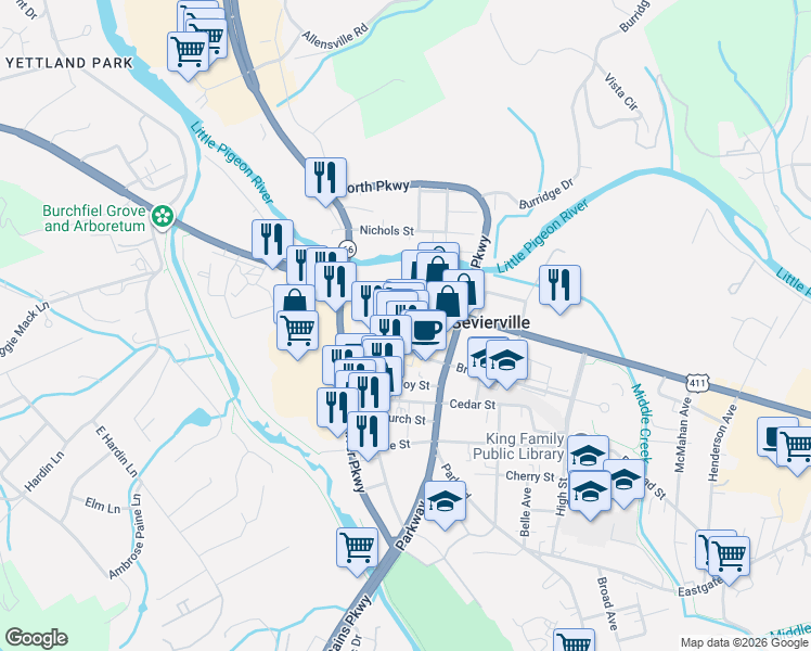 map of restaurants, bars, coffee shops, grocery stores, and more near 101 Court Avenue 124 South in Sevierville