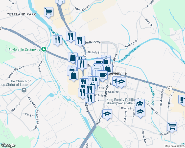 map of restaurants, bars, coffee shops, grocery stores, and more near Commerce Street in Sevierville