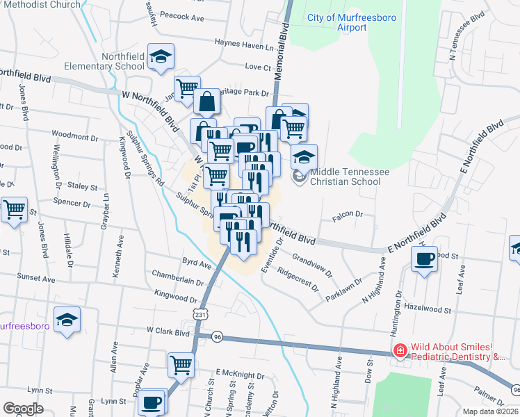 map of restaurants, bars, coffee shops, grocery stores, and more near 1702 Memorial Blvd in Murfreesboro