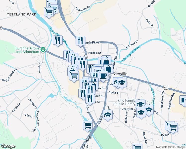 map of restaurants, bars, coffee shops, grocery stores, and more near Commerce Street in Sevierville