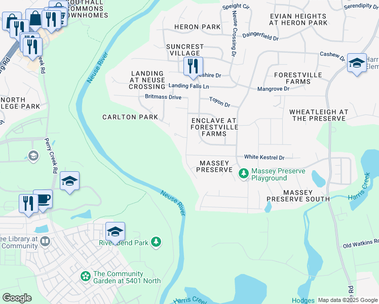 map of restaurants, bars, coffee shops, grocery stores, and more near 3570 Massey Ridge Court in Raleigh