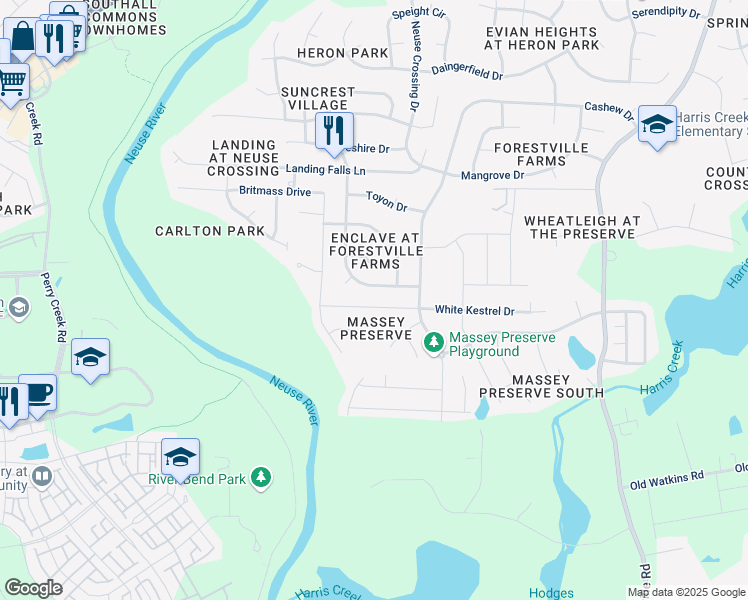 map of restaurants, bars, coffee shops, grocery stores, and more near 3945 White Kestrel Drive in Raleigh