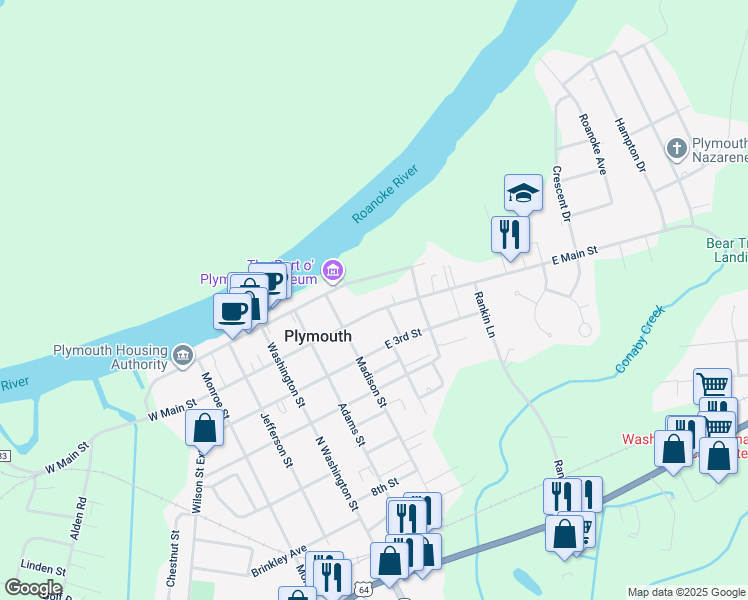 map of restaurants, bars, coffee shops, grocery stores, and more near 312 East Main Street in Plymouth