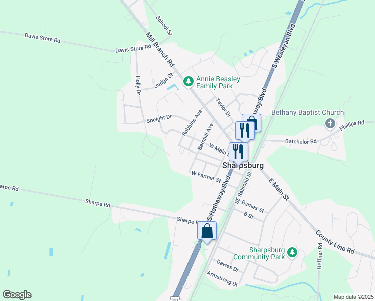 map of restaurants, bars, coffee shops, grocery stores, and more near 400 Exchange Lane in Rocky Mount