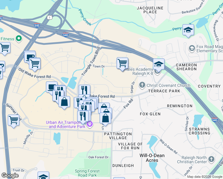 map of restaurants, bars, coffee shops, grocery stores, and more near 7821 Bergstrom Drive in Raleigh