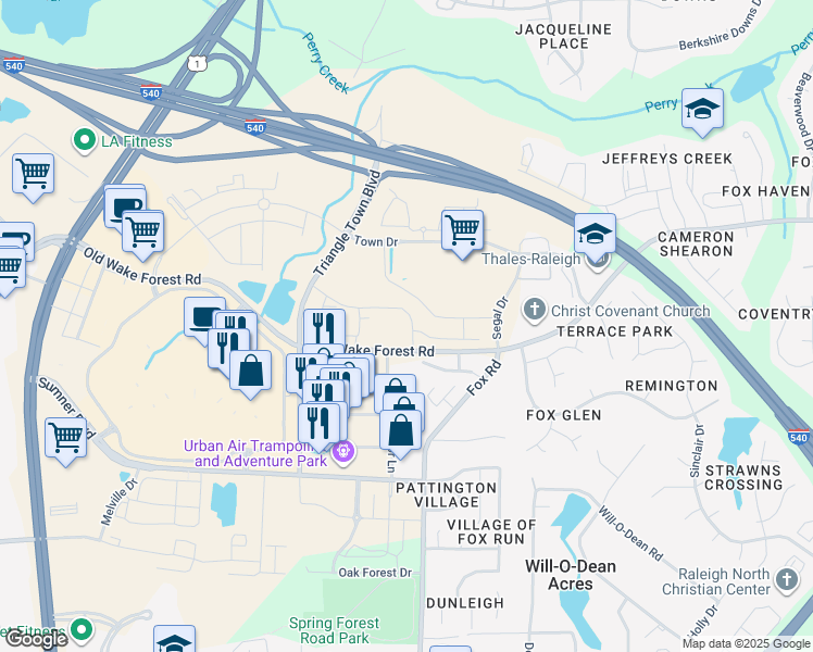 map of restaurants, bars, coffee shops, grocery stores, and more near 7821 Bergstrom Drive in Raleigh