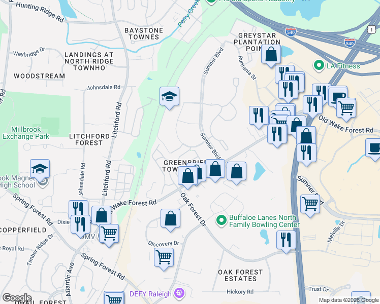 map of restaurants, bars, coffee shops, grocery stores, and more near 2911 Berkeley Springs Place in Raleigh
